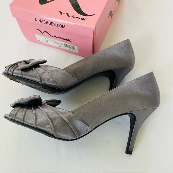 Nina | Futura Pewter Peep Toe Bow High Heels GUC 8 - Picture 8 of 10